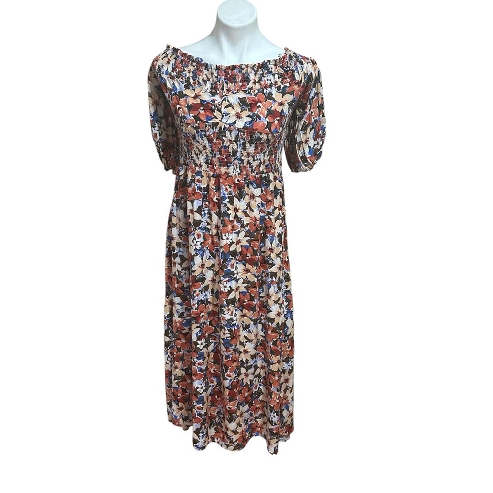 Casual Brown and Orange Puff Sleeve Midi Dress